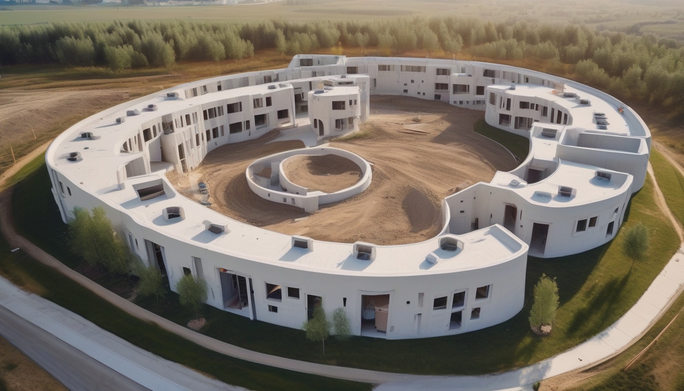 建設中の3Dプリント住宅街区を上空から見た様子