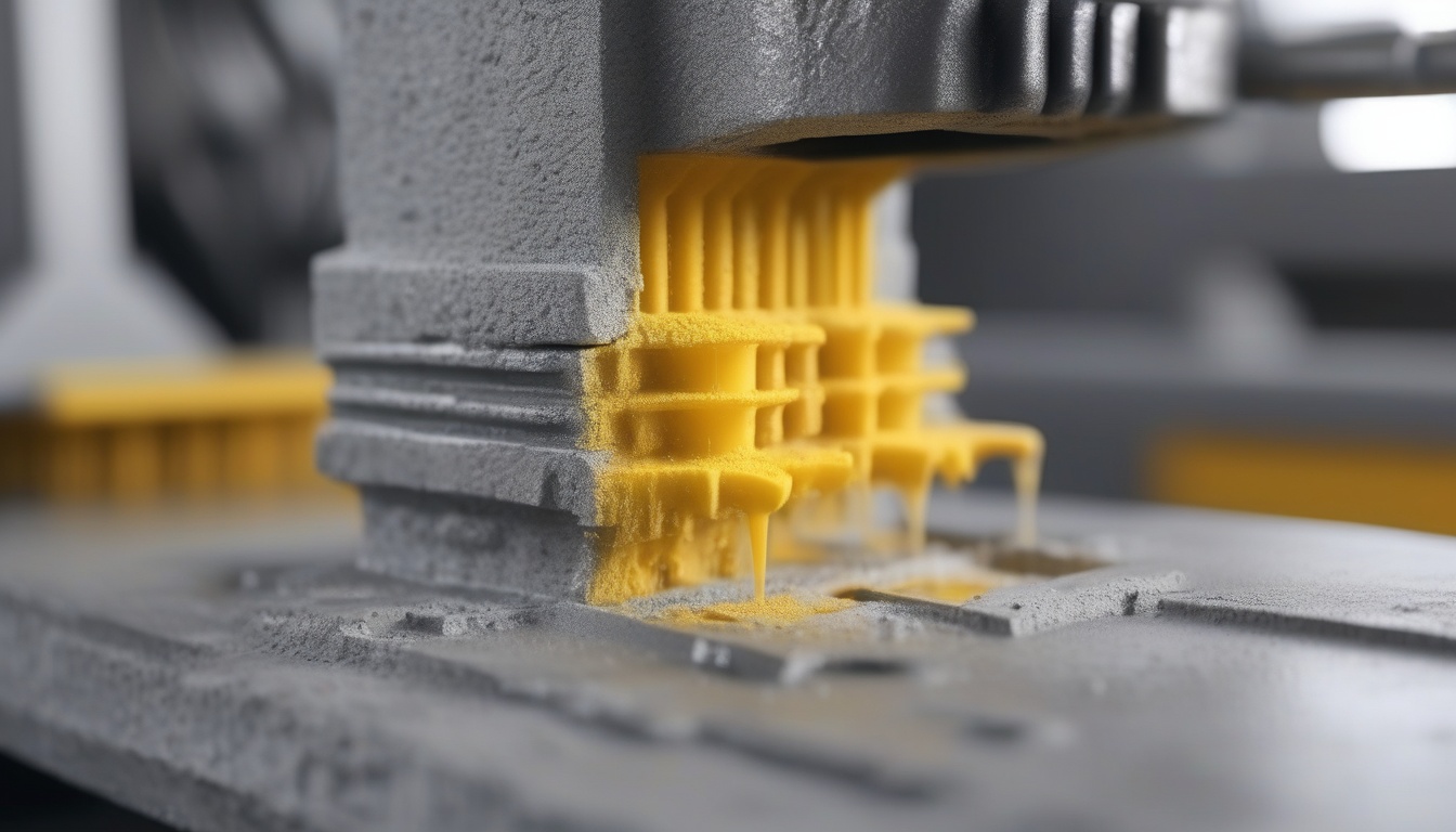 建設3Dプリンターのノズルがモルタルを積層する接写
