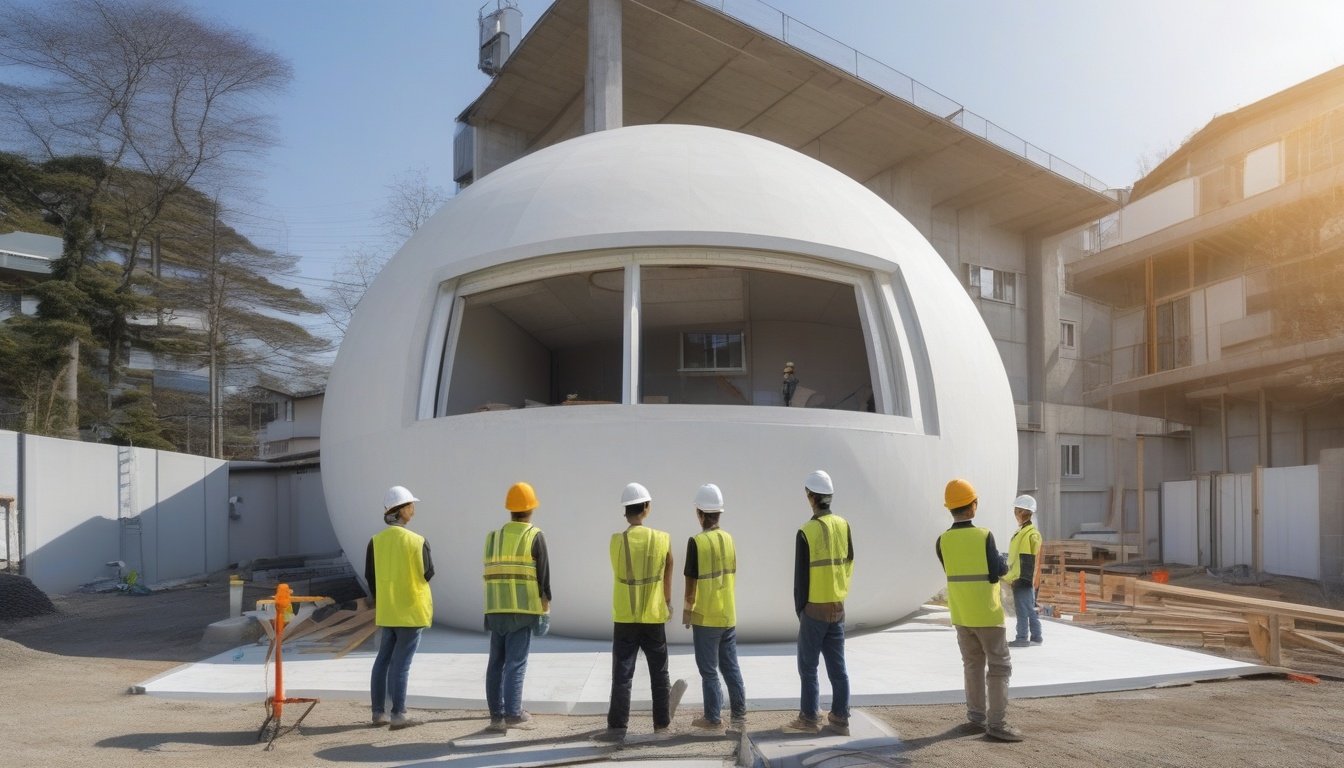 球体型3Dプリント住宅を確認する日本人技術者