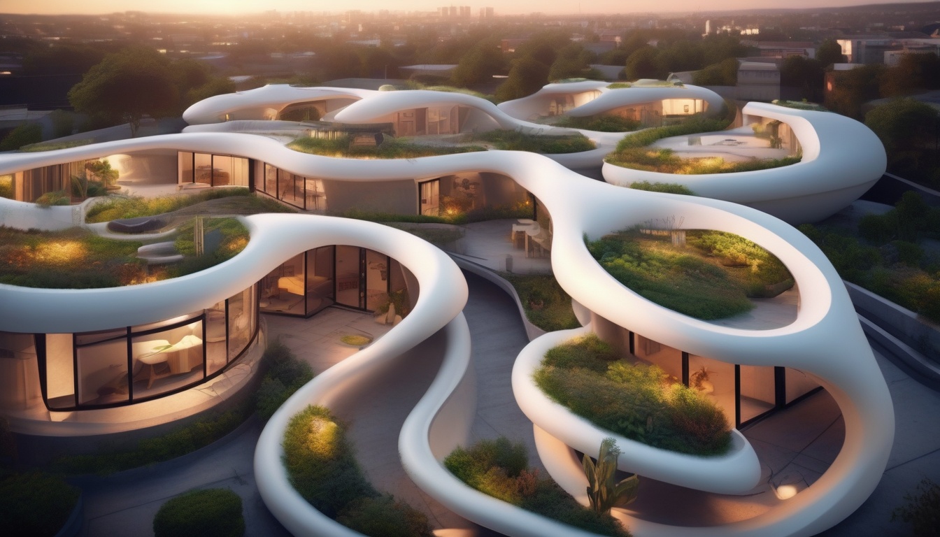 夕暮れの未来的な3Dプリント住宅街